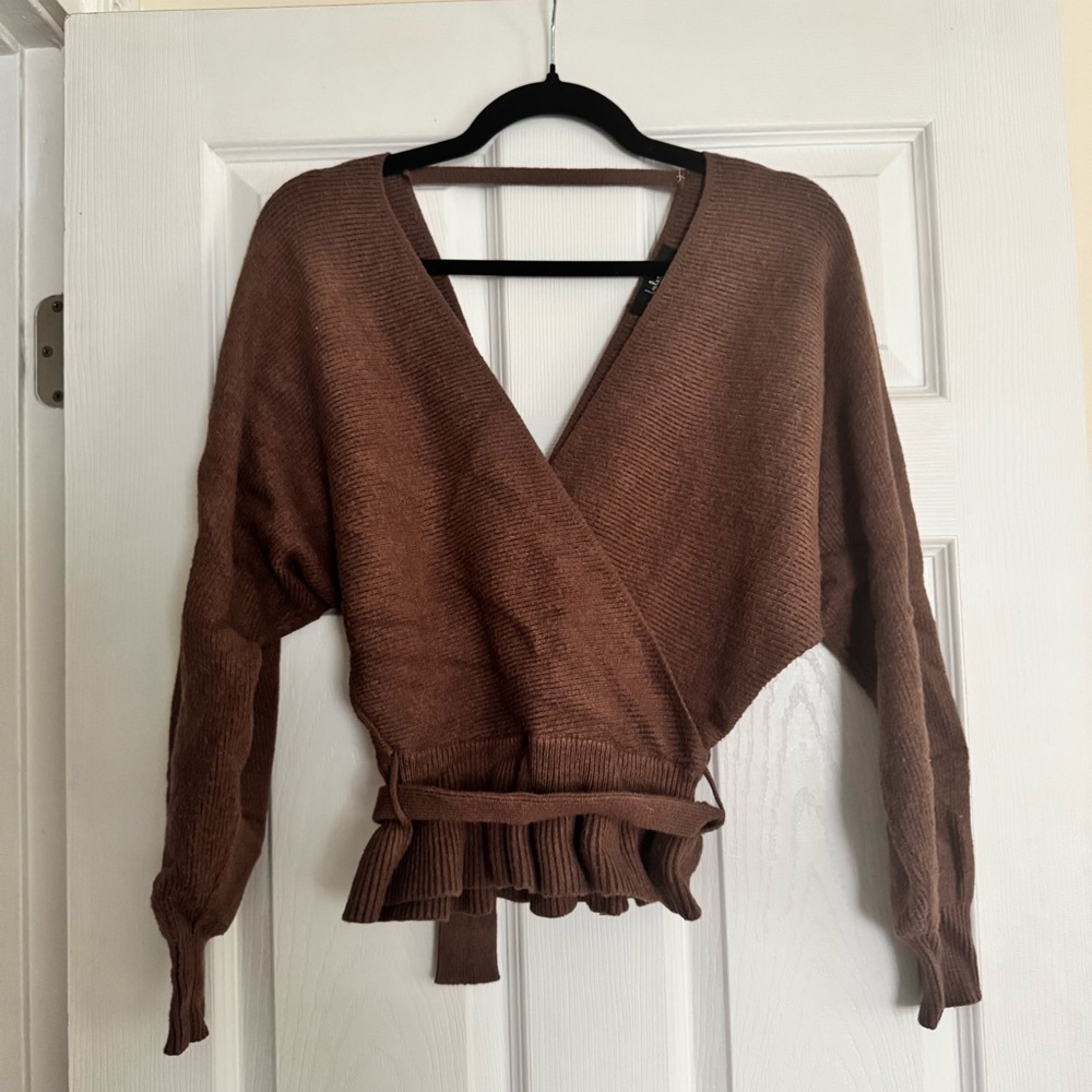 Lulu's Cocoa V-Neck Wrap Sweater